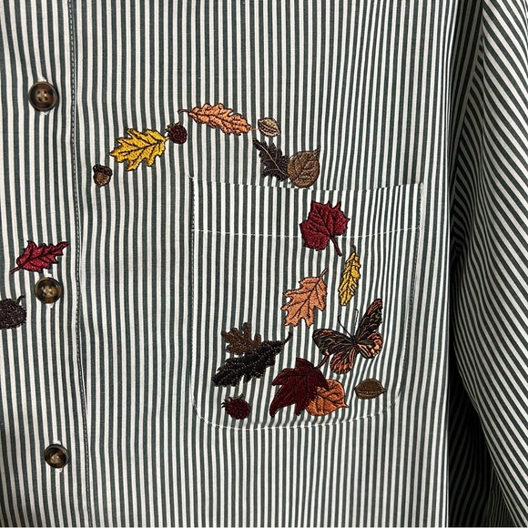Karen Scott Striped Embroidered Fall Autumn Leaves Button Down Blouse size XL - Picture 5 of 10